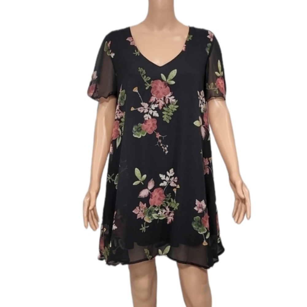 ADRIENNE BLACK FLORAL DRESS WITH‎ LINING V NECK SHORT SLEEVE SIZE L